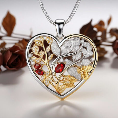 Cherry blossom inspired gold and rhodium pendant featuring oval shaped ruby and synthetic diamonds